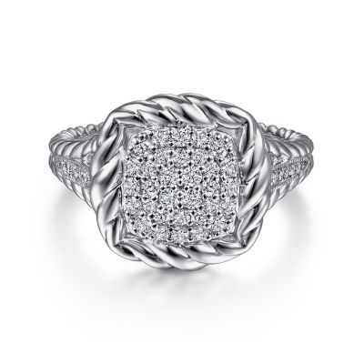 GABRIEL & CO HAMPTON COLLECTION STERLING SILVER ROPE CLUSTER RING SIZE 6.5 WITH 42=0.46TW ROUND WHITE SAPPHIRES   (4.78 GRAMS)