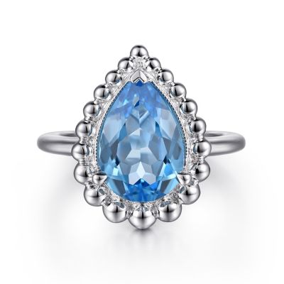 GABRIEL & CO BUJUKAN COLLECTION STERLING SILVER BEADED HALO RING SIZE 6.5 WITH ONE 2.98CT PEAR BLUE TOPAZ   (4.42 GRAMS)