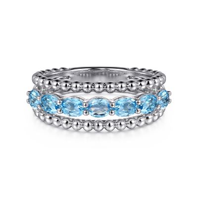 BUJUKAN COLLECTION STERLING SILVER BEADED RING SIZE 6.5 WITH 7=1.30TW OVAL BLUE TOPAZS  (4.88 GRAMS)