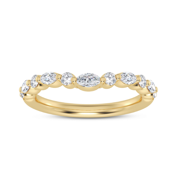 14K YELLOW GOLD SHARED PRONG DIAMOND WEDDING BAND SIZE 7 WITH 11 = 0.36TW VARIOUS SHAPES (6 ROUND & 5 MARQUIS) F-G VS2 DIAMONDS   (2.72 GRAMS)