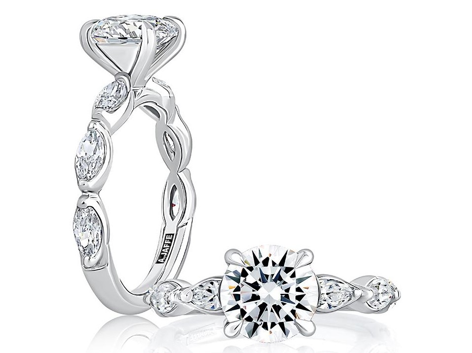 18K WHITE GOLD SEMI-MOUNT RING SIZE 6 WITH 6=0.90TW MARQUISE G-H SI1 DIAMONDS   (5.06 GRAMS)