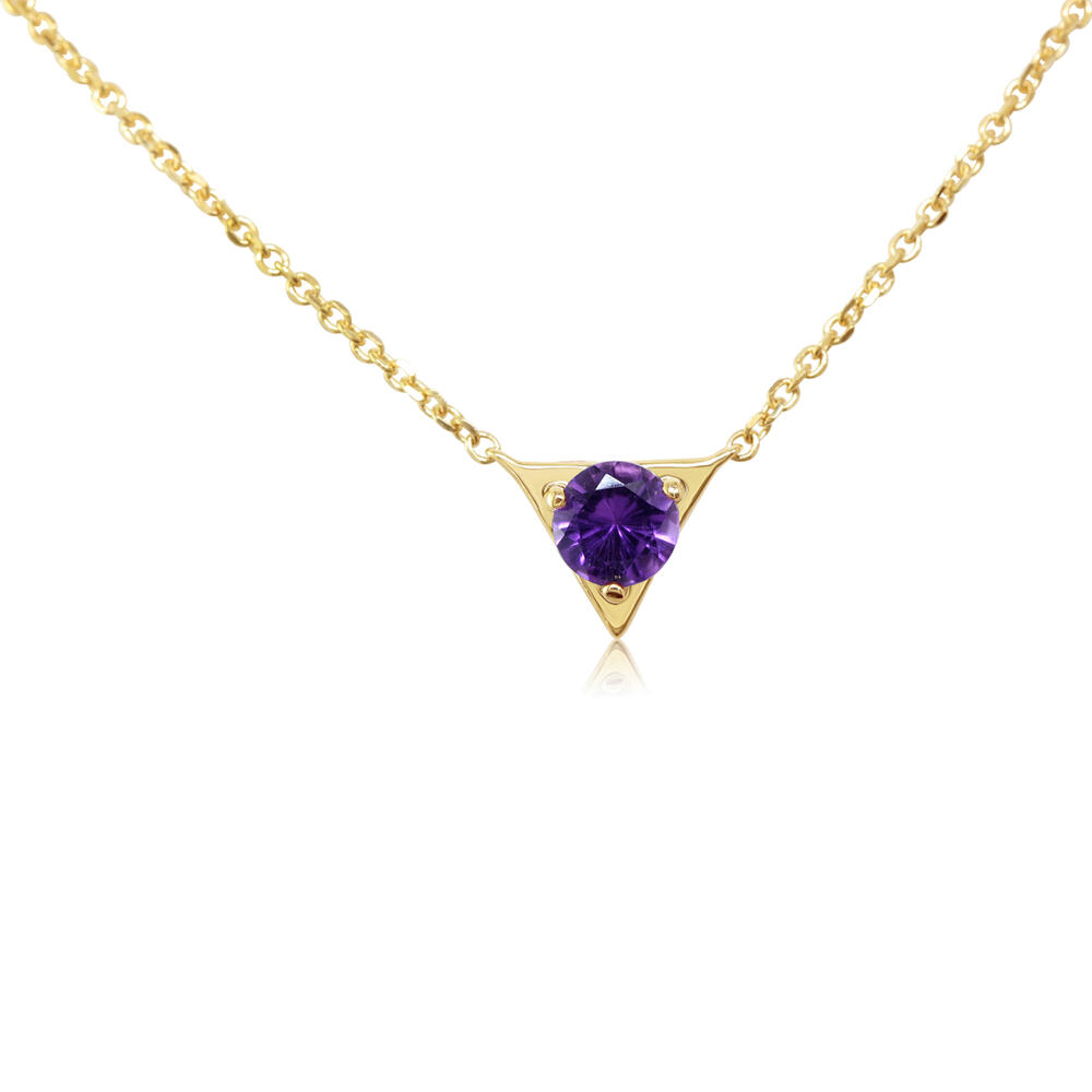 14K YELLOW GOLD TRIANGLE NECKLACE WITH ONE 0.30CT ROUND AMETHYST 18