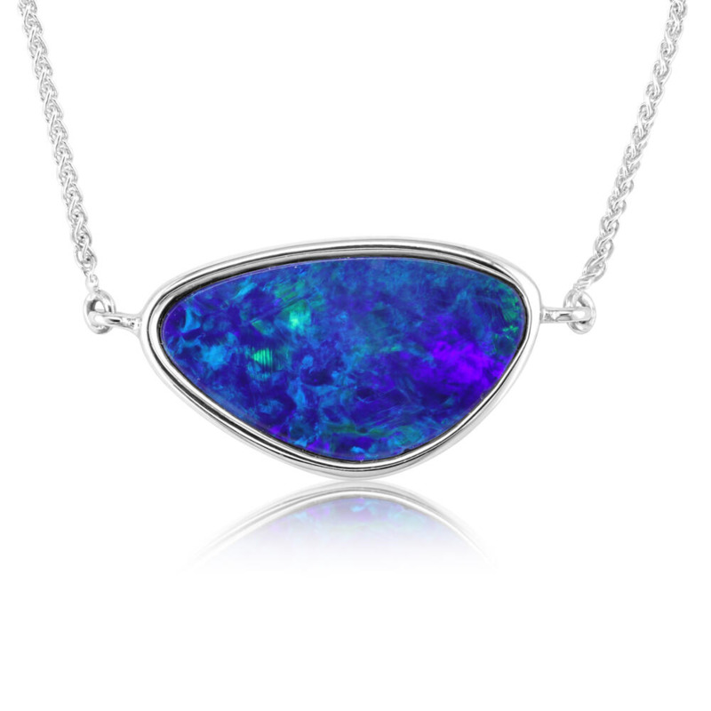 14K WHITE GOLD BEZEL NECKLACE WITH ONE FREEFORM AUSTRALIAN OPAL DOUBLET 18