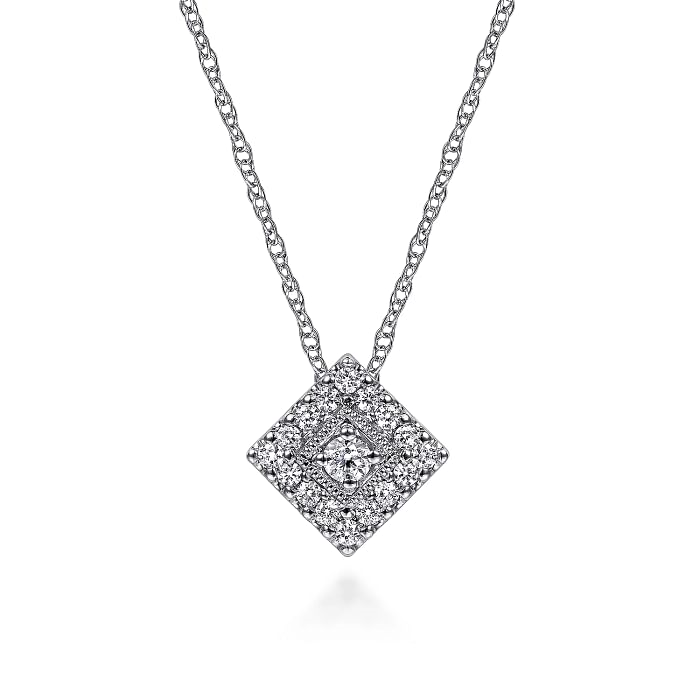 GABRIEL & CO 14K WHITE GOLD MILGRAIN HALO DIAMOND PENDANT WITH 17=0.12TW ROUND H SI2 DIAMONDS 18
