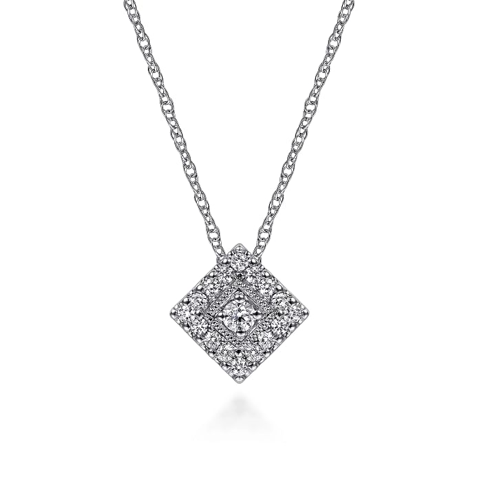 14K WHITE GOLD MILGRAIN HALO DIAMOND PENDANT WITH 17=0.12TW ROUND H SI2 DIAMONDS 18