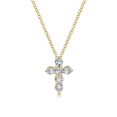 GABRIEL & CO LUSSO COLLECTION 14K YELLOW GOLD CROSS DIAMOND PENDANT WITH 6 = 0.49TW ROUND G-H SI1 DIAMONDS 18