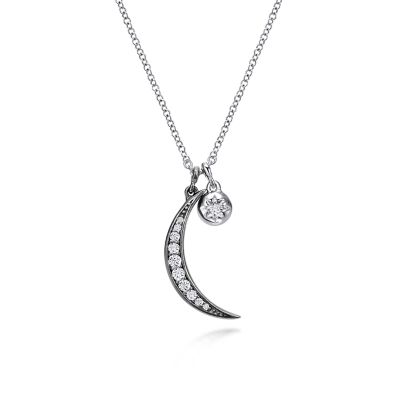 STERLING SILVER BLACK MOON PENDANT WITH 11=0.19TW ROUND WHITE SAPPHIRES 17.5