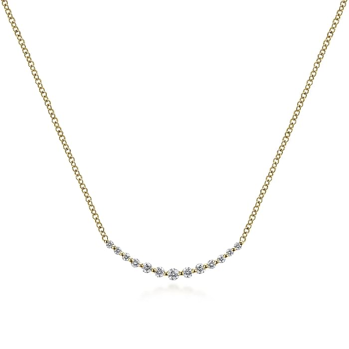 GABRIEL & CO 14K YELLOW GOLD CURVED BAR DIAMOND NECKLACE WITH 13=0.27TW ROUND H SI2 DIAMONDS 17.5