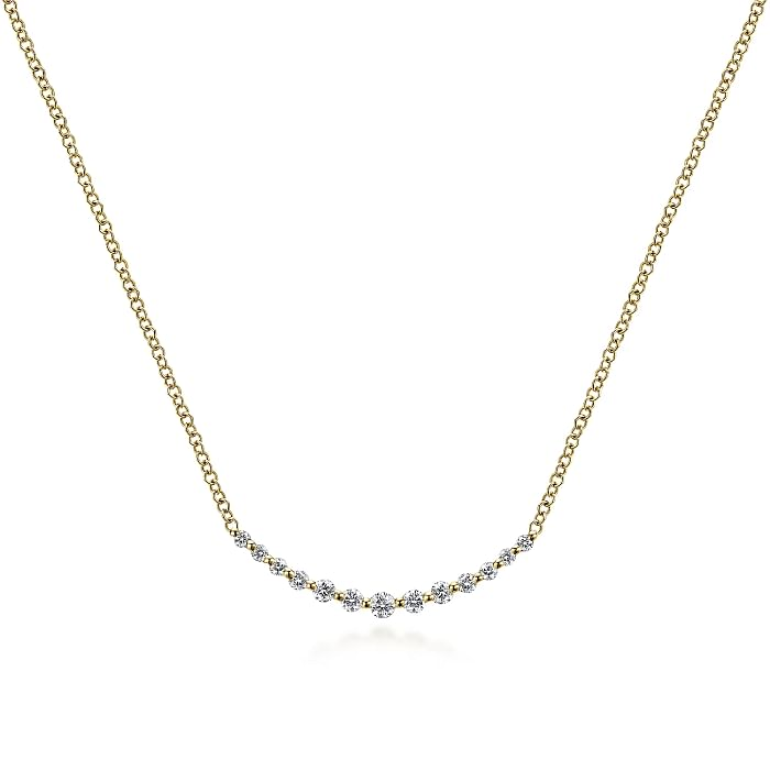 14K YELLOW GOLD CURVED BAR DIAMOND NECKLACE WITH 13=0.26TW ROUND H SI2 DIAMONDS 17.5