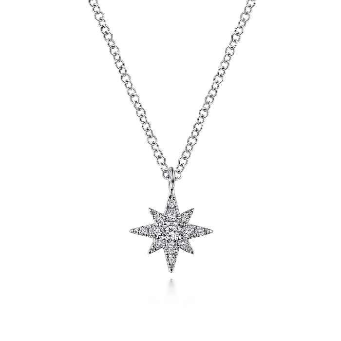 GABRIEL & CO 14K WHITE GOLD STARBURST DIAMOND PENDANT WITH 13=0.12TW ROUND G-H SI2 DIAMONDS 17.5