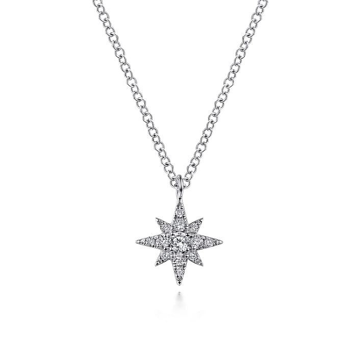 14K WHITE GOLD STARBURST DIAMOND PENDANT WITH 13=0.11TW ROUND H SI2 DIAMONDS 17.5