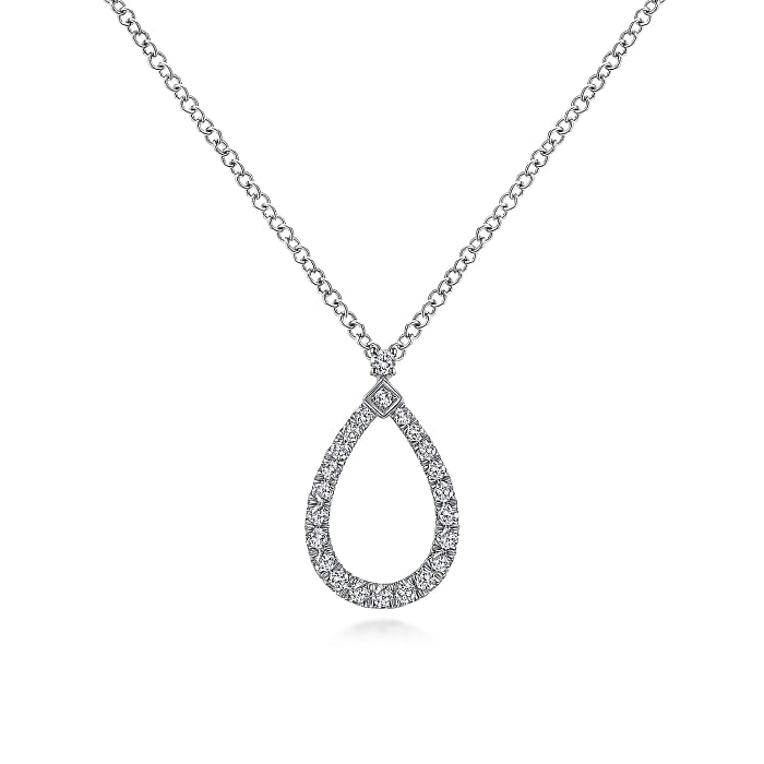 14K WHITE GOLD TEARDROP DIAMOND NECKLACE WITH 23=0.16TW ROUND H SI2 DIAMONDS 17.5