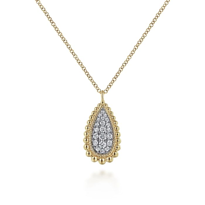 14K YELLOW GOLD BEADED TEARDROP DIAMOND PENDANT WITH 21=0.26TW ROUND H SI2 DIAMONDS 17.5