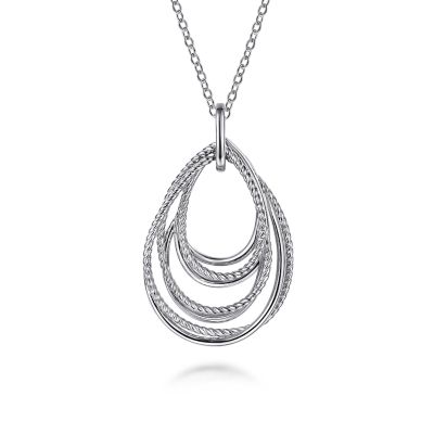 GABRIEL & CO HAMPTON COLLECTION STERLING SILVER ROPE MULTI ROW TEARDROP PENDANT 24