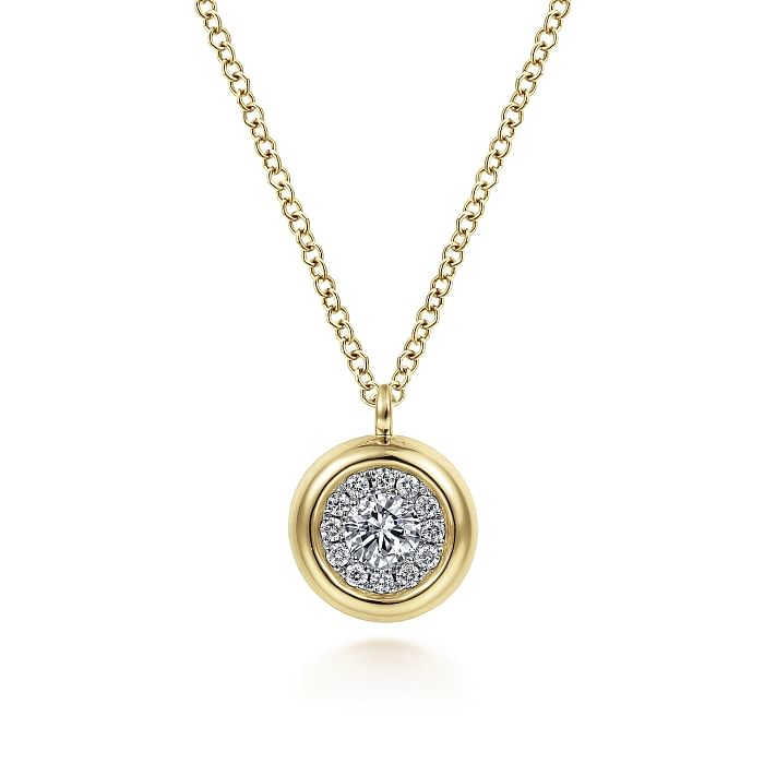 14K YELLOW GOLD HALO DIAMOND PENDANT WITH ONE 0.10CT ROUND H SI2 DIAMOND AND 12=0.10TW ROUND H SI2 DIAMONDS 17.5