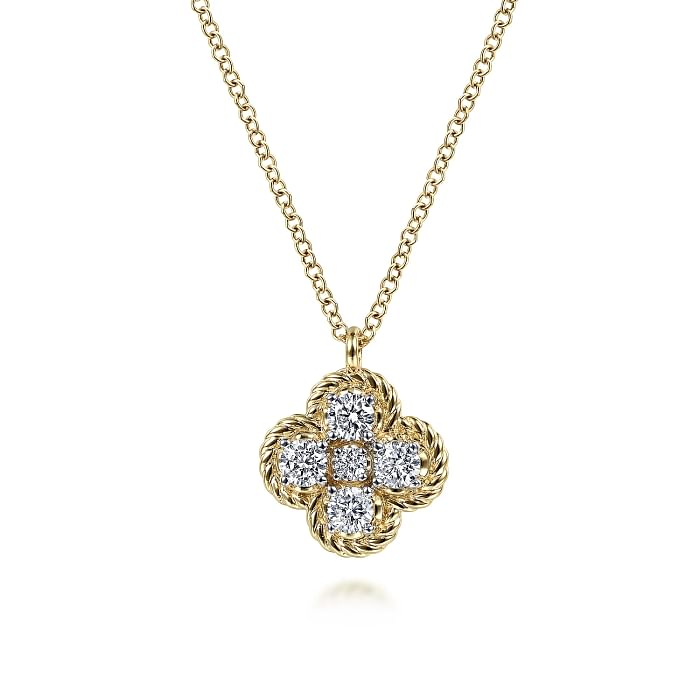 14K YELLOW GOLD ROPE QUATREFOIL DIAMOND PENDANT WITH 5=0.38TW ROUND H SI2 DIAMONDS 17.5