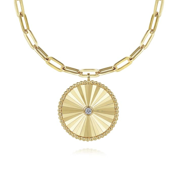 GABRIEL & CO BUJUKAN COLLECTION 14K YELLOW GOLD BEADED MEDALLION DIAMOND PENDANT WITH ONE 0.05CT ROUND G-H SI2 DIAMOND 18