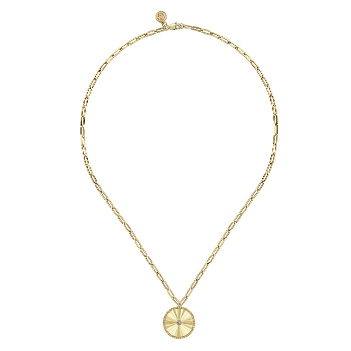 GABRIEL & CO BUJUKAN COLLECTION 14K YELLOW GOLD BEADED MEDALLION DIAMOND PENDANT WITH ONE 0.05CT ROUND G-H SI2 DIAMOND 18