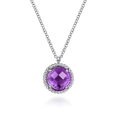 BUJUKAN COLLECTION STERLING SILVER BEADED HALO PENDANT WITH ONE 2.12CT ROUND AMETHYST 17.5