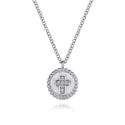 BUJUKAN COLLECTION STERLING SILVER SATIN CROSS PENDANT WITH 6=0.03TW ROUND H-I SI2 DIAMONDS 17.5