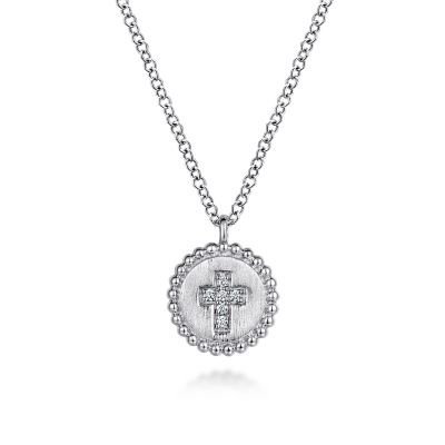 GABRIEL & CO BUJUKAN COLLECTION STERLING SILVER SATIN CROSS PENDANT WITH 6=0.03TW ROUND H-I SI2 DIAMONDS 17.5