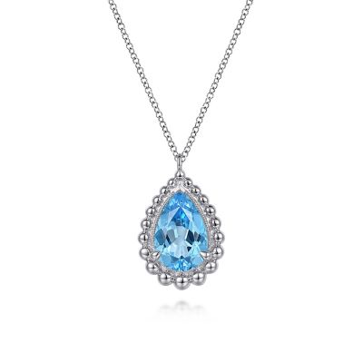 BUJUKAN COLLECTION STERLING SILVER BEADED HALO PENDANT WITH ONE 3.80CT PEAR BLUE TOPAZ 17.5