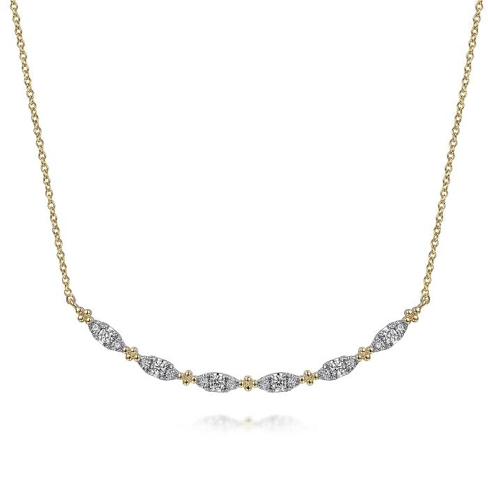 14K YELLOW GOLD BEADED CURVED BAR DIAMOND NECKLACE WITH 18=0.32TW ROUND H SI2 DIAMONDS 17.5