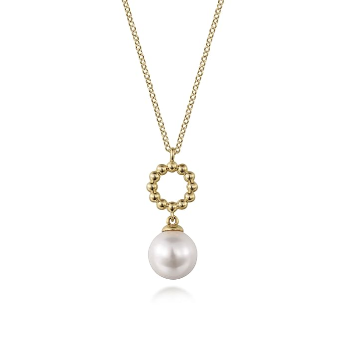 14K YELLOW GOLD BEADED DROP PENDANT WITH ONE 8.00-8.50MM FRESH WATER WHITE PEARL 17.5