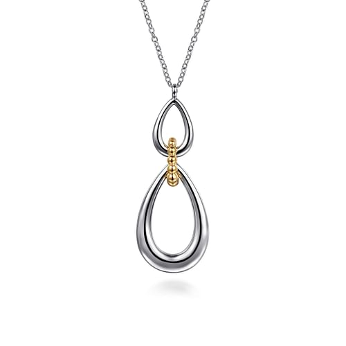 GABRIEL & CO BUJUKAN COLLECTION STERLING SILVER & YELLOW GOLD BEADED DOUBLE TEARDROP PENDANT 20