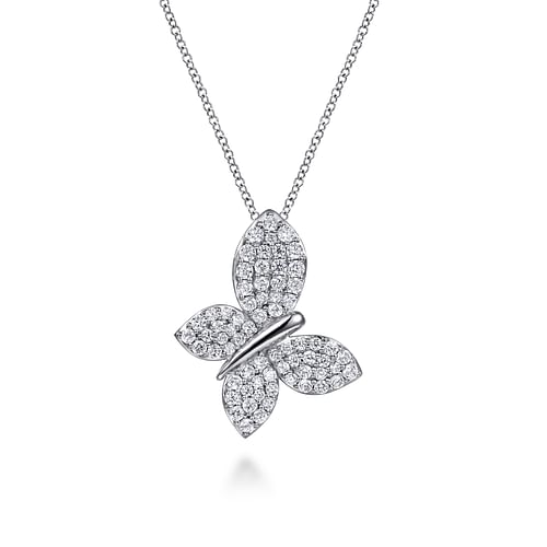 GABRIEL & CO LUSSO COLLECTION 14K WHITE GOLD BUTTERFLY DIAMOND PENDANT WITH 68 = 1.12TW ROUND G-H SI1-SI2 DIAMONDS 17.5