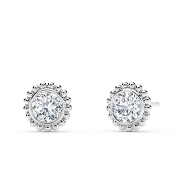 18 KARAT WHITE GOLD BEADED BEZEL SET DIAMOND EARRINGS WITH 2=0.50TW ROUND I VS1 DIAMONDS FOREVERMARK ID'S 2377112/7020275