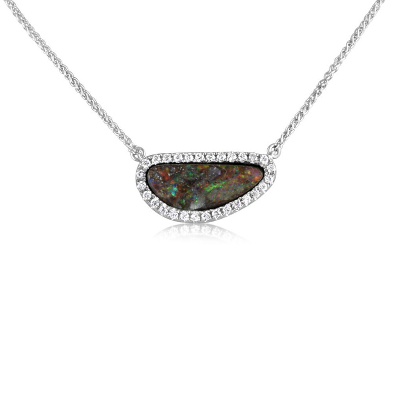 STERLING SILVER HALO PENDANT LENGTH 18 WITH ONE 2.23CT FREEFORM AUSTRALIAN BOULDER OPAL AND 29=0.17TW ROUND H-I SI2 DIAMONDS 18