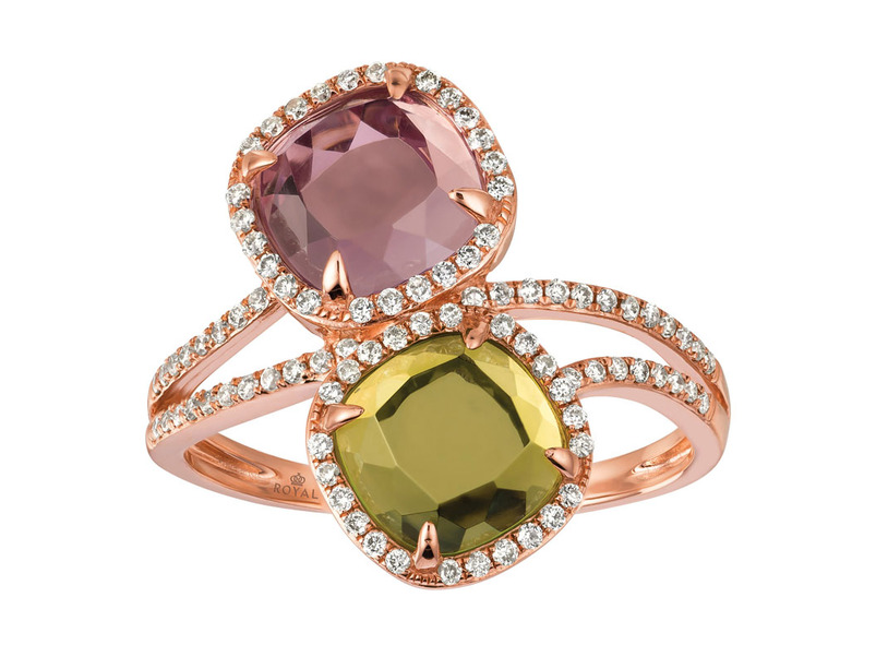 14K ROSE GOLD HALO RING SIZE 7 ONE 1.35CT CABOCHON AMETHYST  ONE 1.35CT CABOCHON PERIDOT  AND 88=0.30TW SINGLE CUT H-I I1 DIAMONDS  (3.90 GRAMS)