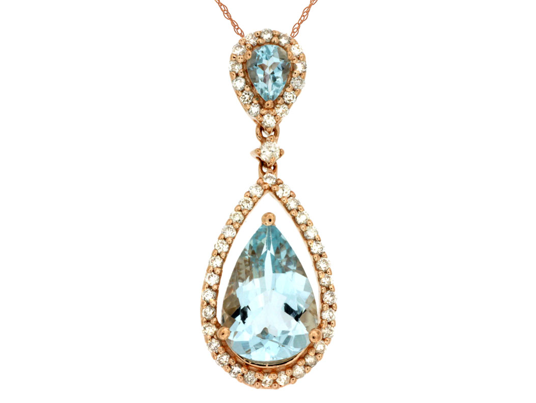 14K ROSE GOLD HALO PENDANT WITH 2=1.75TW PEAR AQUAS AND 45=0.25TW ROUND H-I SI2-I1 DIAMONDS 18