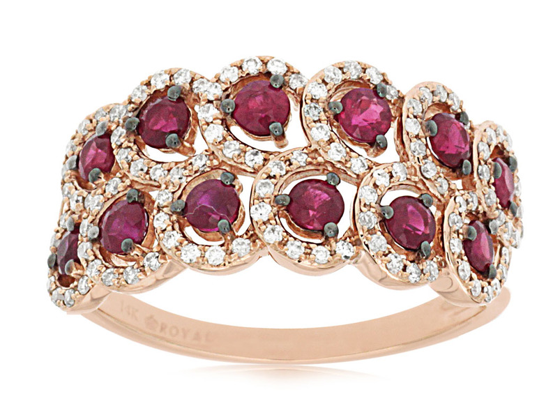 14K ROSE GOLD HALO RING SIZE 7 WITH 12=0.82TW ROUND RUBYS AND 107=0.31TW ROUND H-I SI2-I1 DIAMONDS