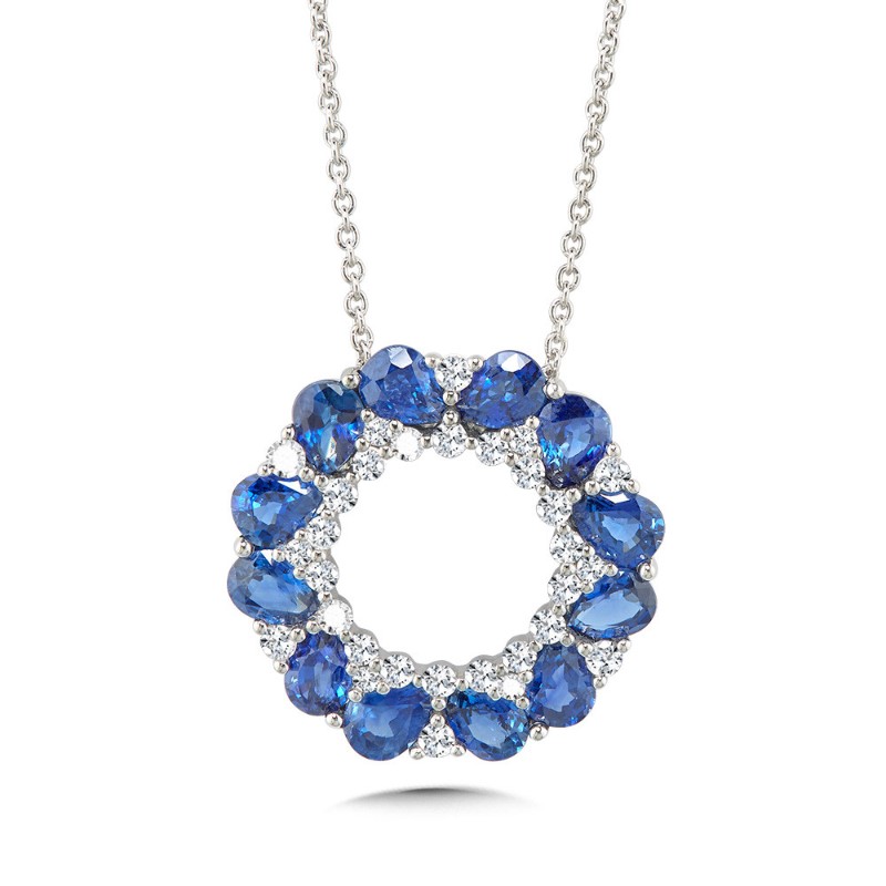 14K WHITE GOLD CIRCLE PENDANT WITH 12=2.50TW PEAR BLUE SAPPHIRES AND 30=0.33TW ROUND H-I I1 DIAMONDS 18