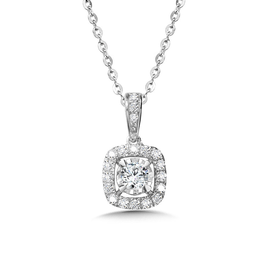 14K WHITE GOLD CUSHION HALO DIAMOND PENDANT WITH 20=0.25TW ROUND H-I SI2-I1 DIAMONDS