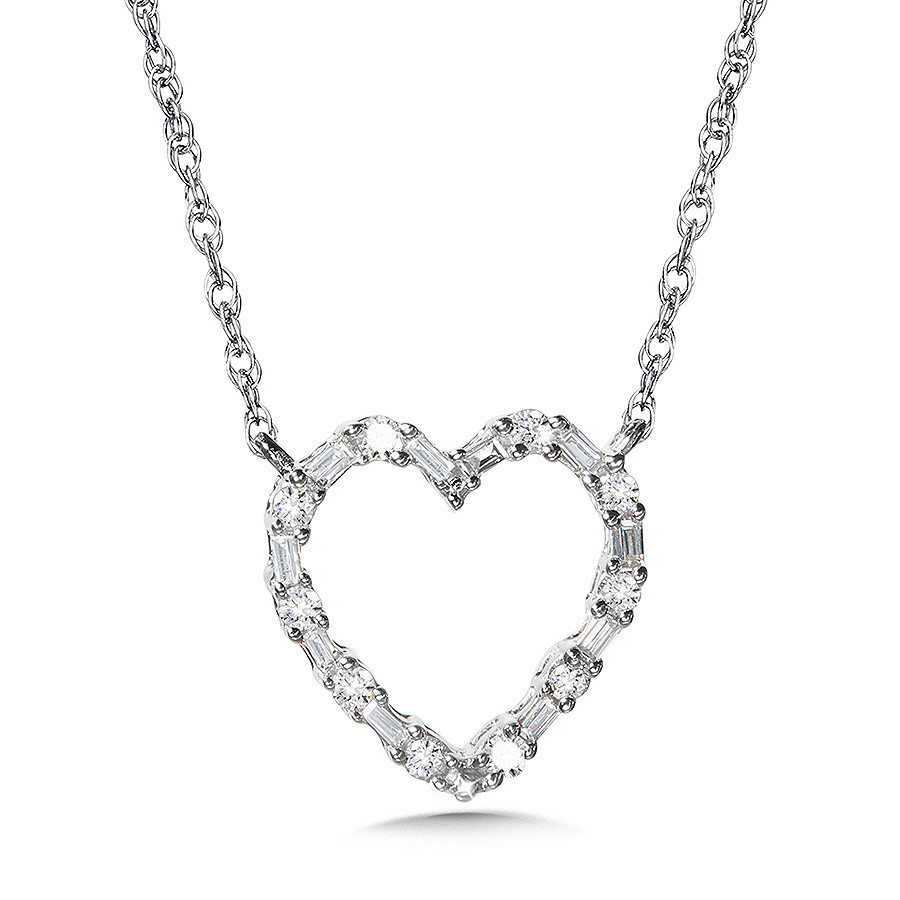 10K WHITE GOLD HEART DIAMOND NECKLACE WITH 10= BAGUETTE DIAMONDS AND 10= ROUND H-I I1 DIAMONDS 0.10TW