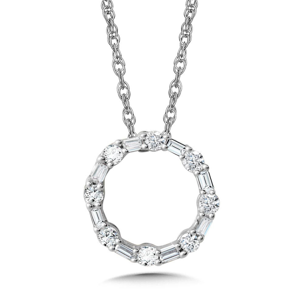 10K WHITE GOLD CIRCLE DIAMOND PENDANT WITH 8= ROUND DIAMONDS AND 8=BAGUETTE H-I I1 DIAMONDS 0.10TW 18