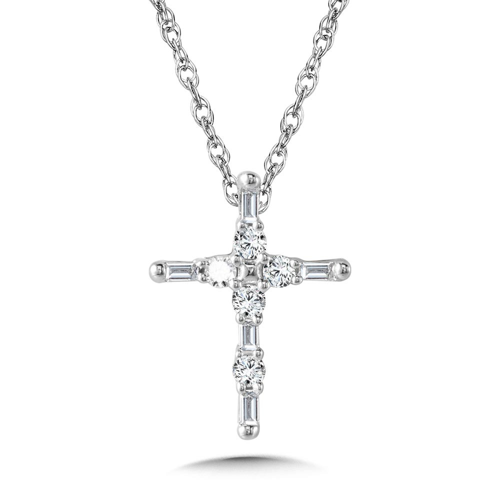 10K WHITE GOLD CROSS DIAMOND NECKLACE WITH 5= BAGUETTE DIAMONDS AND 5=ROUND H-I SI2-I1 DIAMONDS 0.10TW