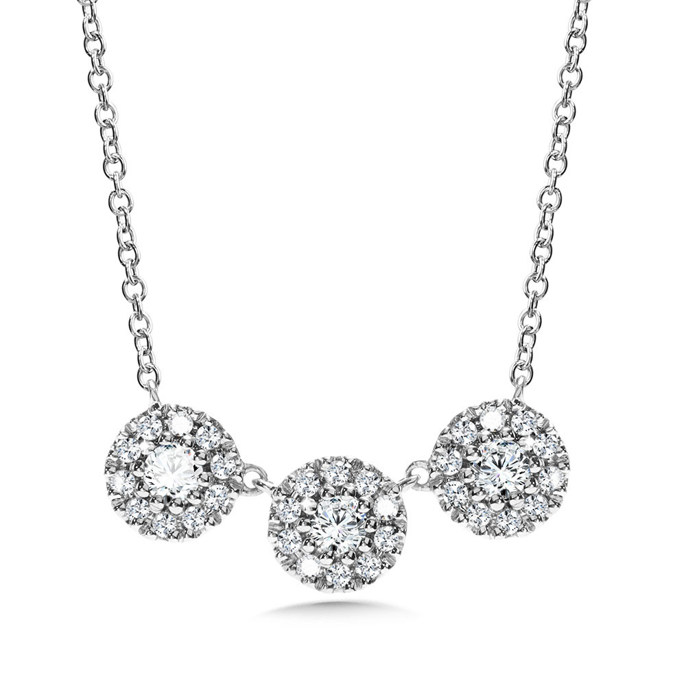 14K WHITE GOLD 3 STONE HALO DIAMOND NECKLACE WITH 33=0.13TW ROUND H-I I1-I2 DIAMONDS