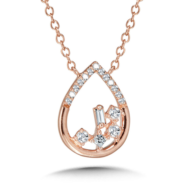 10K ROSE GOLD PEAR DIAMOND NECKLACE WITH 18=0.10TW VARIOUS SHAPES (16 ROUNDS  1 PRINCESS  & 1 BAGUETTE) H-I I1 DIAMONDS 18