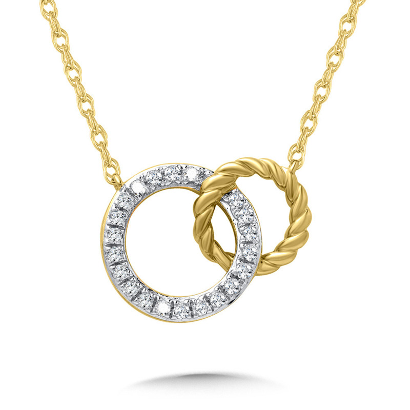 10K YELLOW GOLD ROPE DOUBLE CIRCLE DIAMOND NECKLACE WITH 21=0.10TW SINGLE CUT H-I I1 DIAMONDS 18