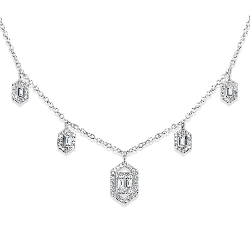 14K WHITE GOLD HALO DIAMOND NECKLACE  WITH 95=0.30TW VARIOUS SHAPES (88 ROUNDS & 7 BAGUETTES) I SI2 DIAMONDS 18