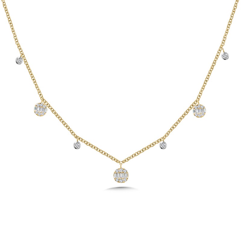 14K YELLOW & WHITE GOLD CLUSTER DIAMOND NECKLACE WITH 35=0.25TW VARIOUS SHAPES (13 BAGUETTES & 22 ROUNDS) I SI1-SI2 DIAMONDS 18