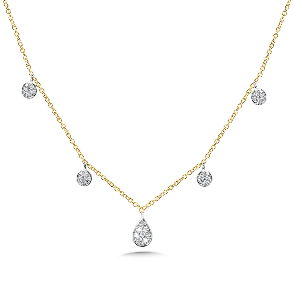 14K YELLOW & WHITE GOLD CLUSTER DIAMOND NECKLACE WITH 24=0.10TW ROUND I SI1-SI2 DIAMONDS 18