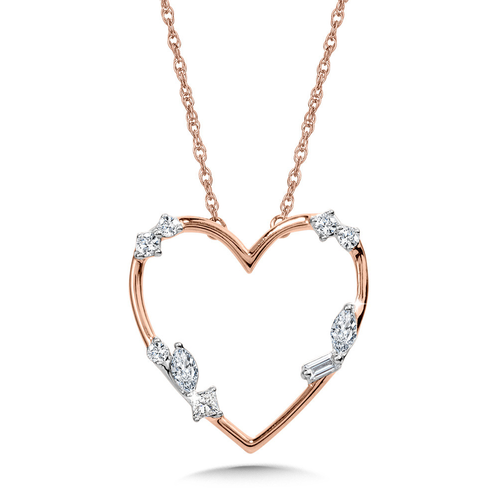 10K ROSE GOLD HEART DIAMOND PENDANT WITH 5= ROUND DIAMONDS  2= MARQUISE DIAMONDS  ONE BAGUETTE AND ONE PRINCESS DIAMOIND 0.20 TW HI I1