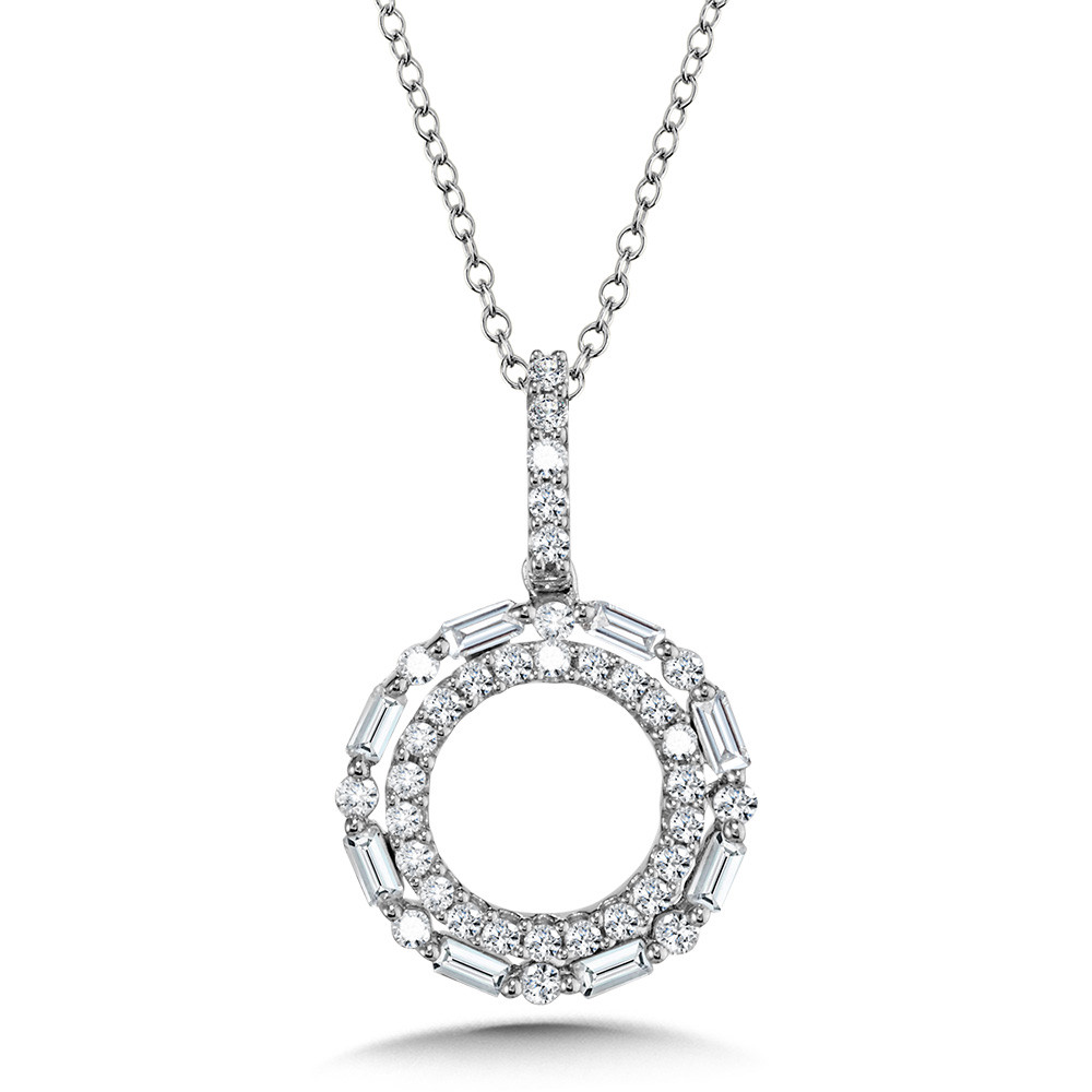 14K WHITE GOLD DOUBLE HALO DIAMOND PENDANT WITH 35=0.50TW ROUND H-I I1 DIAMONDS