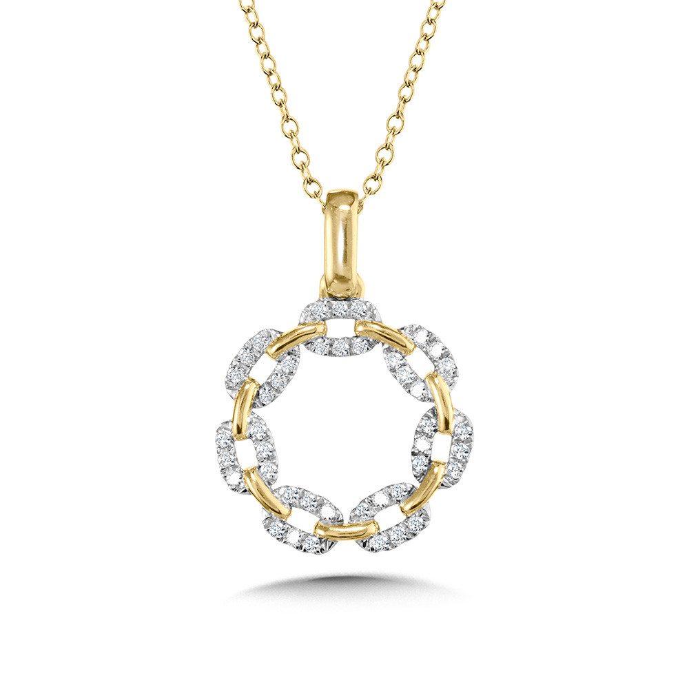 14K YELLOW & WHITE GOLD CIRCLE LINK DIAMOND PENDANT WITH 42=0.20TW SINGLE CUT H-I I1 DIAMONDS