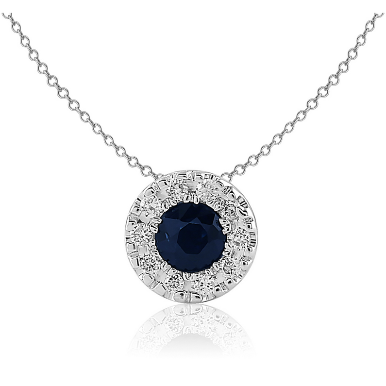 14K WHITE GOLD HALO PENDANT WITH ONE 0.36CT ROUND BLUE SAPPHIRE AND 10=0.17TW ROUND H-I I1 DIAMONDS 18